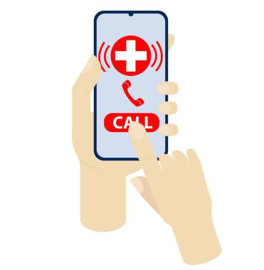 Ellerindeki akıllı telefon ekranında ambulans çağrısı var. Beyaz arka planda düz çizim. Başvuru, mobil site, iş yeri, sağlık merkezi, acil bakım, hasta, hastane, hastane kavramı.