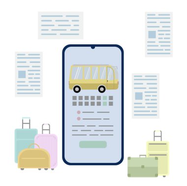 Sarı, akıllı telefon ekranındaki yolcu otobüsü beyaz arka planda bavullar ve biletler var. Kesik düz izole edilmiş vektör illüstrasyonu. Seyahat için tasarım, bilet rezervasyonu kavramları