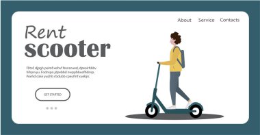 Genç adam bir scooter kiraladı. Çevre dostu şehir ulaşımı için çevrimiçi hizmet. Beyaz üzerine düz izole vektör çizimi. İniş sayfası kavramı