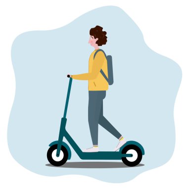 Delikanlı, motosikletli bir adam. Mavi ve beyaz arka planda. Konsept - scooter kiralama, elektrikli scooter, çevre dostu ulaşım, çevre taşımacılığı. Beyaz üzerinde düz izole vektör.