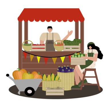 Taze organik sebze ve sebzeleri düz vektör illüstrasyonunda satarak tarım pazarındaki insanları hasat et.