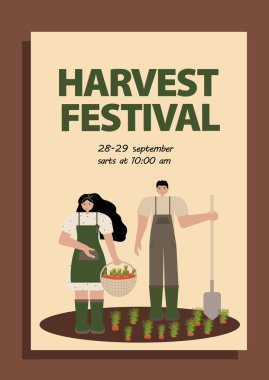 Bahçe yatağında havuç toplayan erkek ve kadının yer aldığı hasat festivali afişi. Bu düz bir şekilde vektör illüstrasyonudur. Etkinlik afişleri, market reklamları ve tarım reklamları için mükemmel..