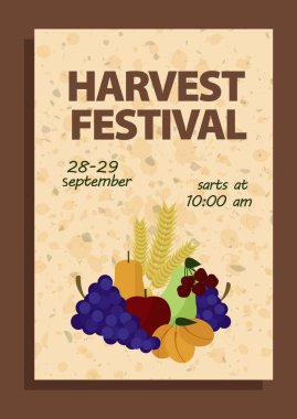 Üzüm, elma, armut, kayısı, kiraz ve buğday sapları gibi meyvelerin yer aldığı bir festival afişi toplayın. Festival promosyonları, tarım pazarları ve mevsimlik dekorasyonlar için mükemmel..