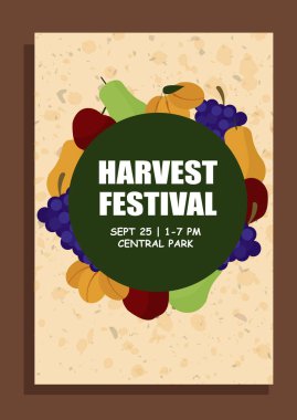 Üzümler, elmalar, armutlar, kayısılar ve kirazlar da dahil olmak üzere çeşitli meyvelerin yer aldığı festival posterlerini hasat edin. Festival promosyonları, etkinlik davetiyeleri ve sezonluk dekorasyonlar için ideal..