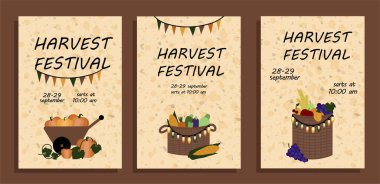 Sepetler dolusu sebze, meyve ve balkabağı dolu bir el arabası olan hasat festivali posteri. Festival tanıtımı ve sezonluk etkinlik dekorasyonları için düz stil vektör illüstrasyonu.