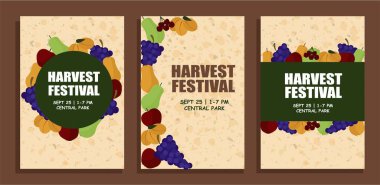 Canlı renklerde çeşitli meyvelerin yer aldığı festival posterlerini toplayın. Düz vites. Festival promosyonu, etkinlik davetiyeleri ve mevsimlik dekorasyon için mükemmel. Posterlerde, afişlerde ve el ilanlarında kullan.