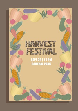 Çevreye dizilmiş mısır, balkabağı, patlıcan, kabak, havuç, bezelye, domates ve salatalık gibi sebzelerden oluşan bir festival posteri ekleyin. Düz vites. Olay dekorasyonu için.