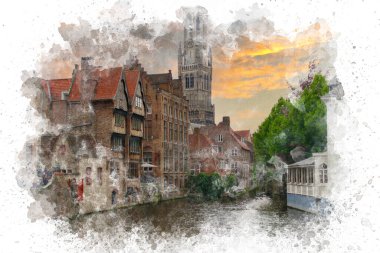 Bruges şehrinin suluboya resimlerini bez çerçeve dokusuna çiziyor. Bruges Belçika manzara geçmişi