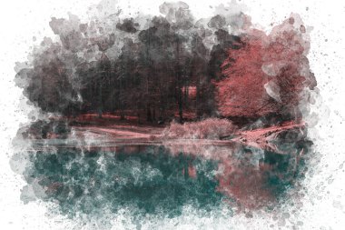 Tuval basılabilir sanat eserleri için sonbahar doğası suluboya resimleme arkaplanı. Rahatlık ve sükunetin güzel atmosferi. Sakin sonbahar ormanı sahnesi