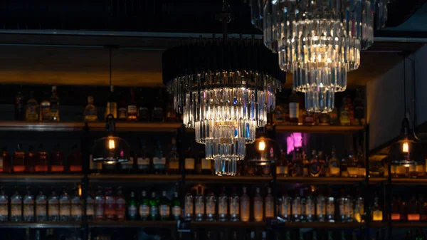 Vista Interior Clube Noturno Dentro Bar Com Ligantes Garrafas Álcool — Fotografia de Stock
