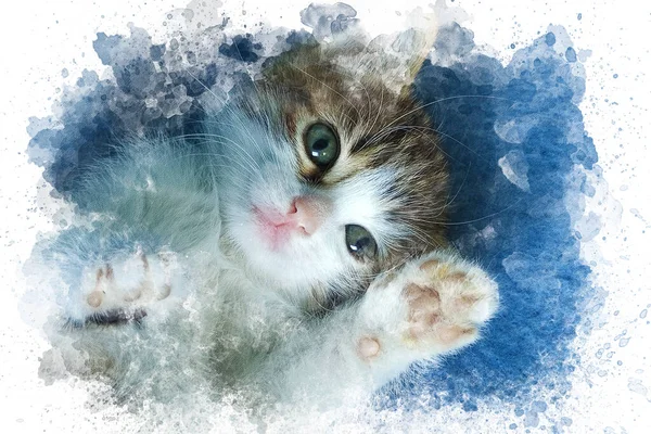 Gattino Acquerello Illustrazione Sfondo Carino Adorabile Gatto Guardando Fotocamera Carta — Foto Stock
