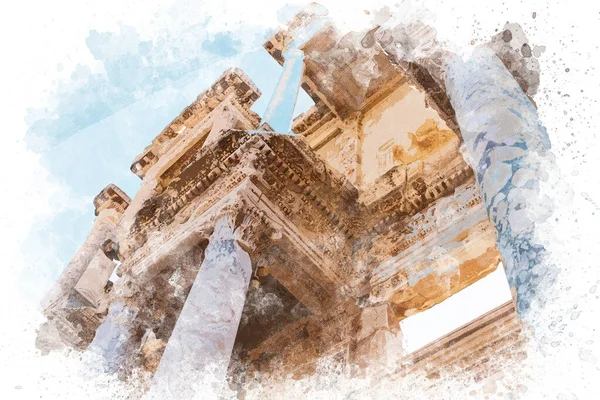 Akvarel Ilustrace Starobylého Města Efesus Akvarelové Ilustrační Pozadí Kresby Pro — Stock fotografie