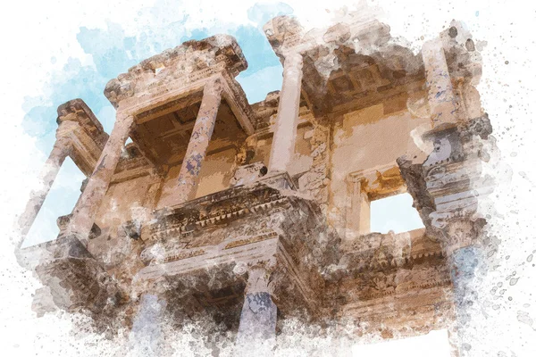 Akvarel Ilustrace Starobylého Města Efesus Akvarelové Ilustrační Pozadí Kresby Pro — Stock fotografie