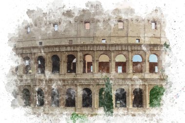 Roma 'daki Colosseum' un suluboya çizimi. İtalya 'daki Colosseum' un iç manzarası. İtalya 'ya seyahat. İtalya 'nın ünlü turistik yerleri