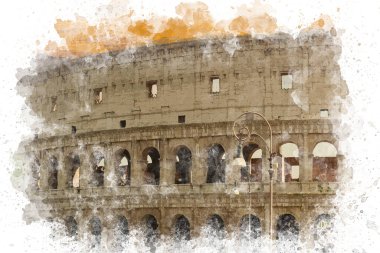 Roma 'daki Colosseum' un suluboya çizimi. İtalya 'daki Colosseum' un iç manzarası. İtalya 'ya seyahat. İtalya 'nın ünlü turistik yerleri