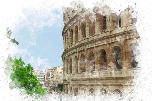 Watercolor illustration of Colosseum in Rome. Interior view of Colosseum in Rome Italy. Travel to Italy concept. Famous touristic places in Italy