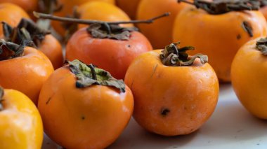 Hurma meyvesi. Bir grup taze organik olgun hurma, yüksek açılı meyve manzaralı. Cennet hurmasi ya da Türkçe trabzon hurmasi. Seçici odak dahil