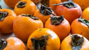 Hurma meyvesi. Bir grup taze organik olgun hurma, yüksek açılı meyve manzaralı. Cennet hurmasi ya da Türkçe trabzon hurmasi. Seçici odak dahil