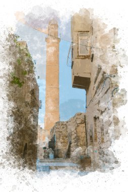 Caminin suluboya resmi. Mardin 'deki Ulu camii. Suluboya cami resmi. Ulu Camii Türkçe.