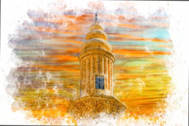 Caminin suluboya resmi. Mardin 'deki Sehidiye Camii. Ramazan için suluboya sanat İslami konsepti. Türkiye 'ye git suluboya konsepti