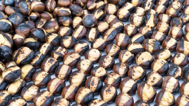 Chestnut kebab. Traditional Turkish food chestnut kebab. Kestane kebabi in Turkish. Street food in Turkey. Top view.