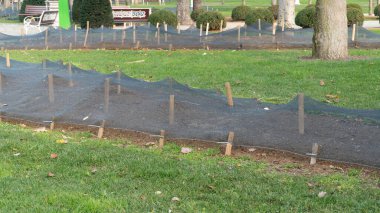 Landscaping public parks in Istanbul Turkey. Planting flowers for spring season. Gardening concept.