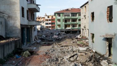 Destroyed city because of war. Buildings damaged by an enemy aircraft missiles. Ruined city. Attack on civilian settlements. War crime.