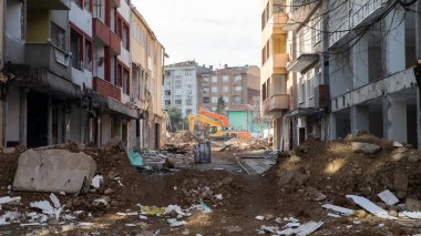 Destroyed city because of war. Buildings damaged by an enemy aircraft missiles. Ruined city. Attack on civilian settlements. War crime.