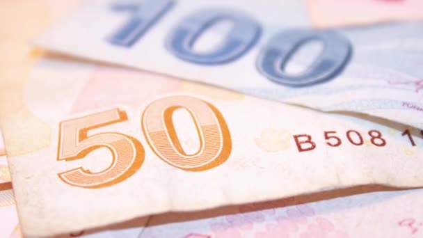Turecka Lira Tureckie Banknoty Lirowe Turk Lirasi Języku Tureckim — Wideo stockowe