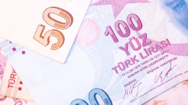 Turecka Lira Tureckie Banknoty Lirowe Turk Lirasi Języku Tureckim — Wideo stockowe