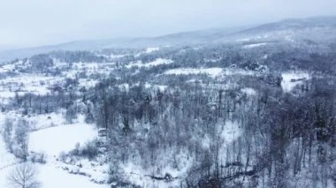 Kış mevsiminde karlı dağların havadan görünüşü. Karlı vadi, kasvetli havada. Kar Türkiye 'de dağları kapladı. Drone kış ormanı manzaralı