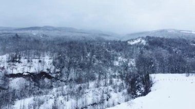 Kış mevsiminde karlı dağların havadan görünüşü. Karlı vadi, kasvetli havada. Kar Türkiye 'de dağları kapladı. Drone kış ormanı manzaralı