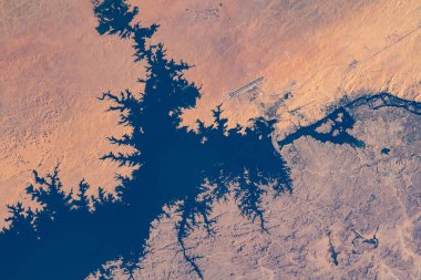 The Nile River, The Red Sea, The Gulf of Oman, The Gulf of Aqaba, and The Mediterranean Sea. Elements of this image furnished by NASA. Selective focus included