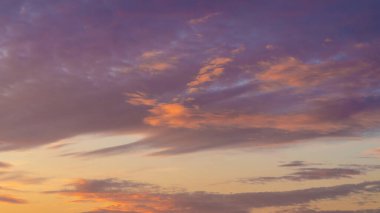 Sunset sky. Cirrocumulus and cirrostratus clouds during sunset. Beautiful dramatic sunset sky background. Selective focus included. Noisy photo
