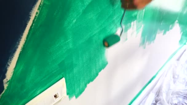 粉刷房子中年妇女用喷漆刷油漆房子 — 图库视频影像