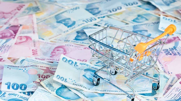 Cost of living concept. Empty cart on a stack of Turkish liras. Inflation rising in Turkey. Economic crisis. Rising costs in daily life