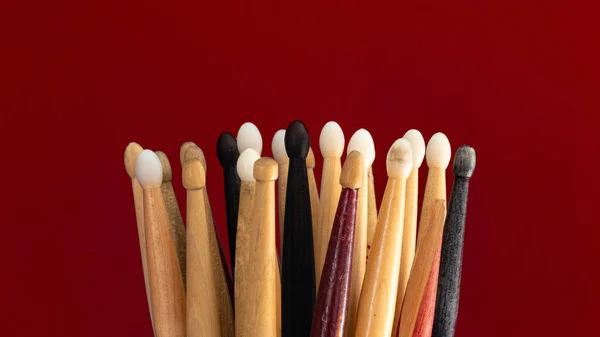 stock image Group of drumsticks close up view. International drum month concept. Copy space for text