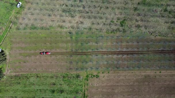 Duurzame Landbouw Luchtfoto Van Landbouwgebied Een Dal Met Beekje Milieuduurzaamheid — Stockvideo
