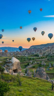 Kapadokya hindisi. Kapadokya 'da güneş doğarken bacaların üzerinde uçan sıcak hava balonları. Türkiye 'ye git. Türkiye 'nin turistik simgeleri. Seçici odak dahil