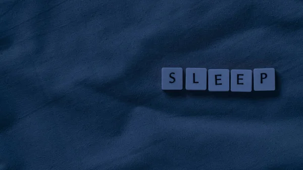 Sleep Concept Sleep Lettering Soft Bed Sheet Copy Space Text — Stock Photo, Image