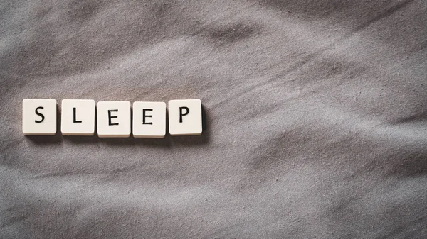 Sleep Concept Sleep Lettering Soft Bed Sheet Copy Space Text — Stock Photo, Image
