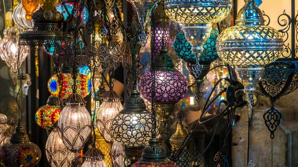 stock image Mosaic lamps. Traditional Turkish handmade mosaic lamps in Grand Bazaar Istanbul. Decorative ornaments. Selective focus included