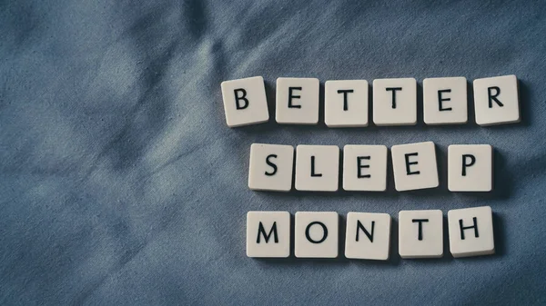 Besserer Schlafmonat Besser Schlafen Monat Worte Auf Weichem Bett Blick — Stockfoto