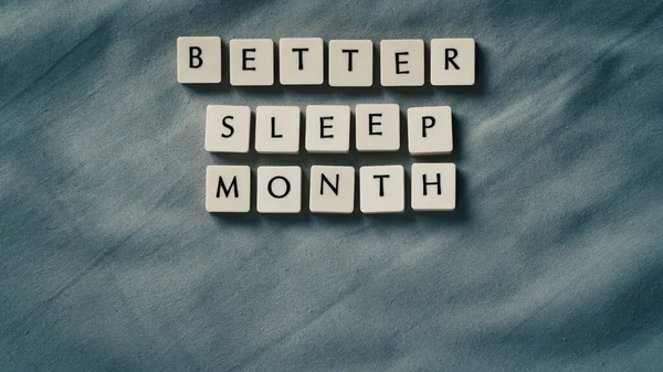 Besserer Schlafmonat Besser Schlafen Monat Worte Auf Weichem Bett Blick — Stockfoto