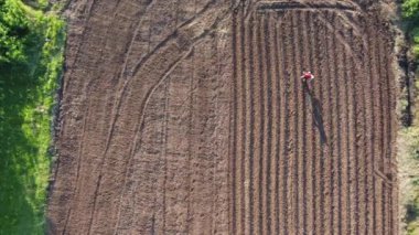 Tarımsal alan havasına gübre saçan çiftçiler. Tarlada çalışan çiftçiler. Hava görünümü. 