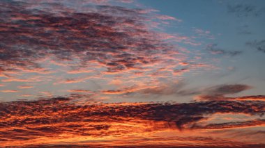 Gün batımı gökyüzü. Gün batımında sirokümülüs ve sirostrat bulutları. Güzel dramatik gün batımı arkaplanı.