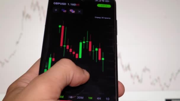 ビジネスマントレーダー投資家アナリストは 携帯電話アプリケーションを使用して暗号通貨金融市場 スマートフォン上の取引データのチャートインデックスを分析します バックグラウンドでグラフが表示されます — ストック動画