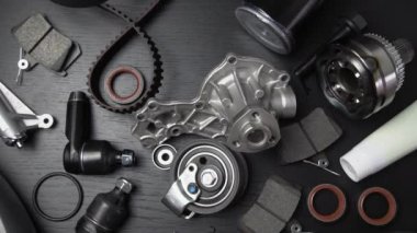 Otomobil parçalarının çoğu ahşap siyah arka planda yatıyor. Motor ve süspansiyon parçaları, döner eklem, eklem ve motor parçaları açıldı. Yeni yedek parça. Yön. Dünya Oyunu.