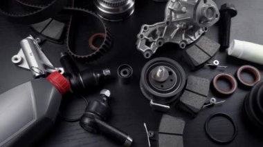 Otomobil parçalarının çoğu ahşap siyah arka planda yatıyor. Motor ve süspansiyon parçaları, döner eklem, eklem ve motor parçaları açıldı. Yeni yedek parça. Yön. Işıkla oyna. Masada asılı duruyor..