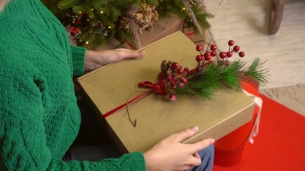 居心地の良いセーターの女性の手は ライトとギフトボックスを備えたクリスマスツリーの背景に贈り物を保持します スタイリッシュな女性は休日の部屋のクローズアップでリボンと箱にギフトを保持しています メリークリスマス — ストック動画